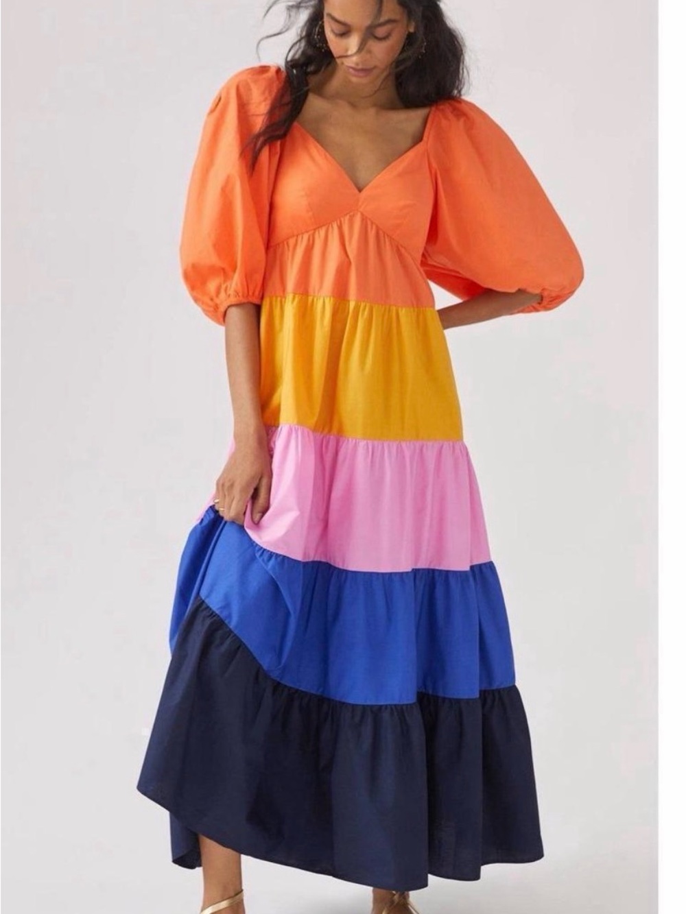 Farm Rio Anthropologie Colorblock Puff-Sleeve Tiered Maxi Dress